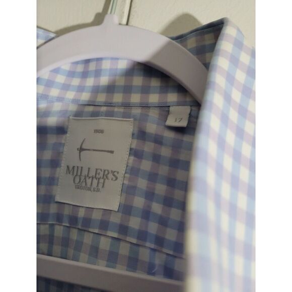 Miller's Oath Shirt Men's 17 Large Button Dress Shirt Checkered White Blue Nwot - Picture 2 of 8